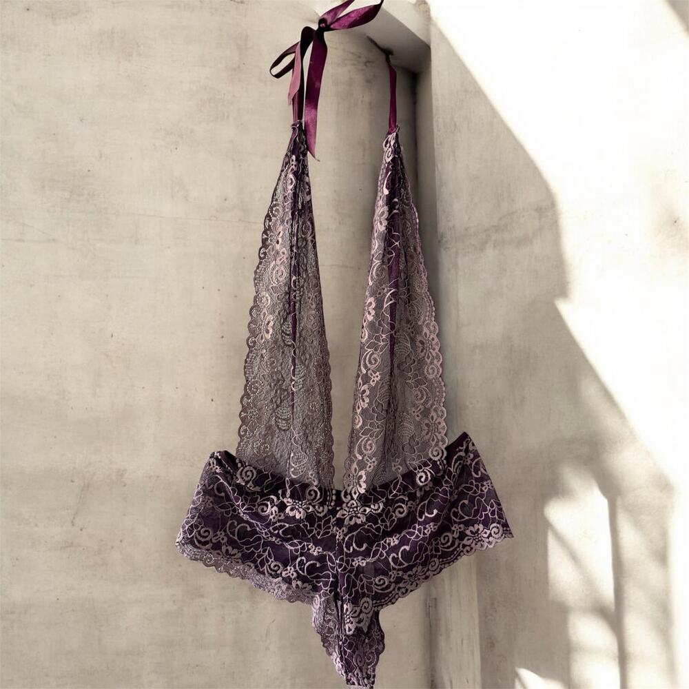 Popsi Lingerie Sheer Purple Lace Halter Teddy Bodysuit XL Open Crotch Design